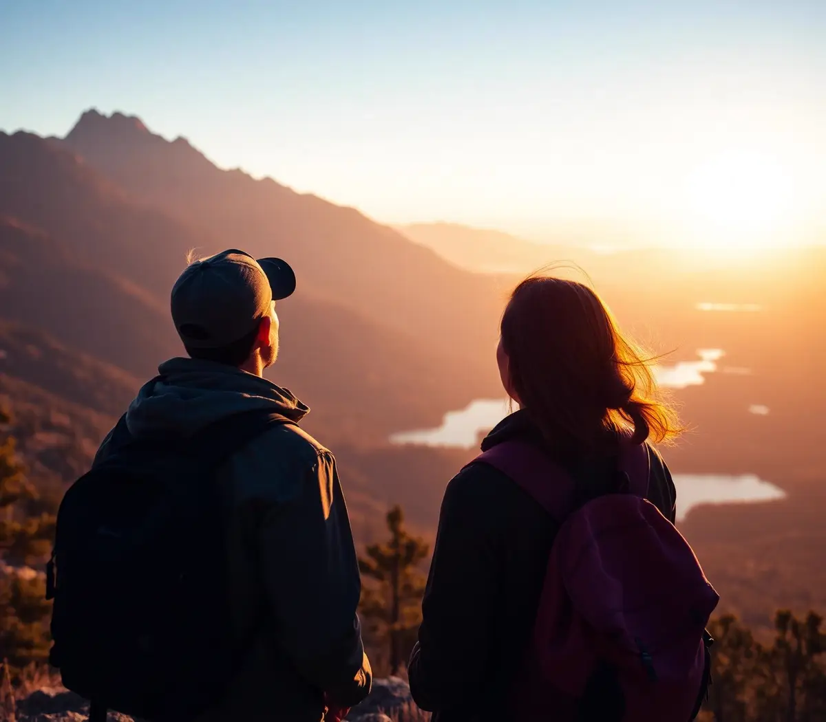 Two travelers watching sunset at a mountain viewpoint